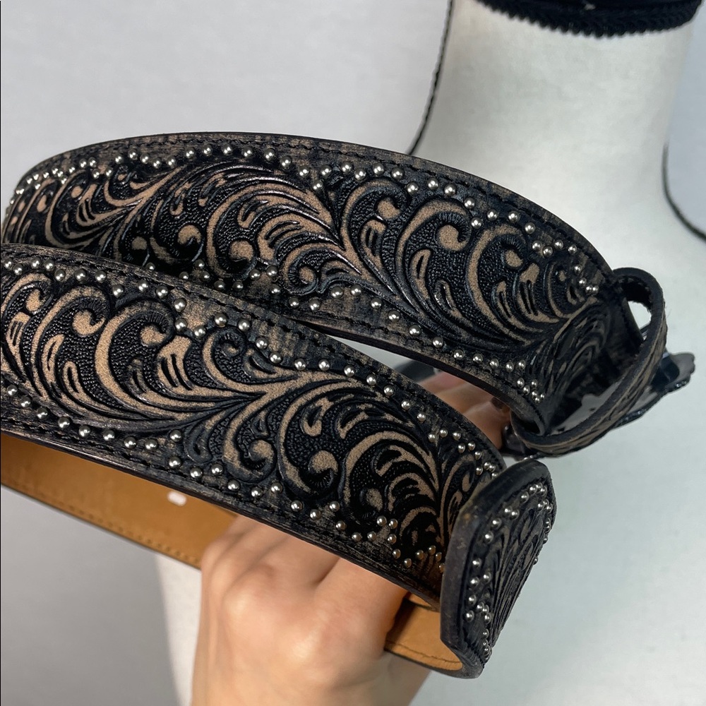 Crystal AB aurora borealis leather tooled western Black Embellished Belt - Picture 11 of 17